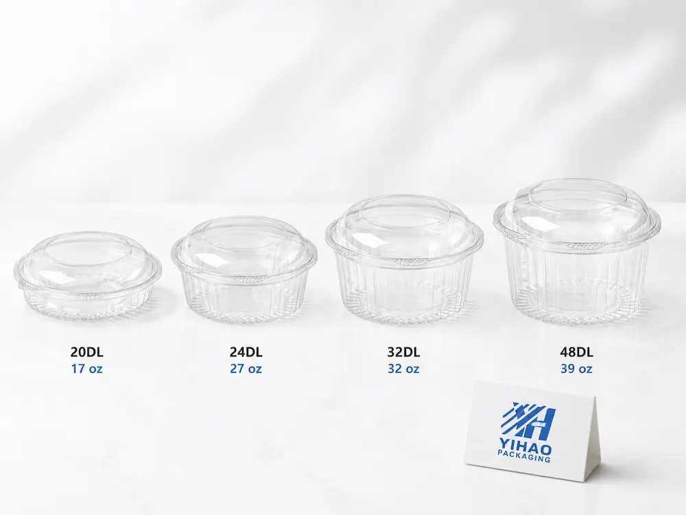 Clear PET rPET round hinged salad containers in multiple sizes