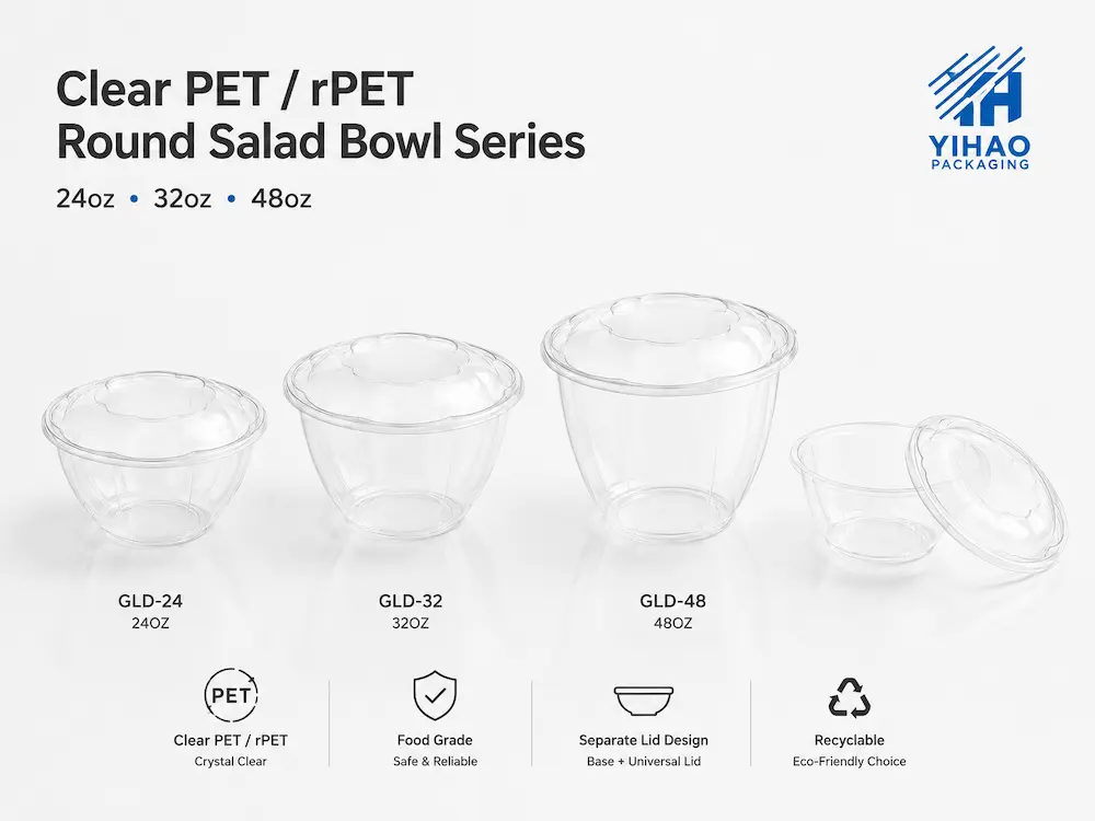 Deli Food Packaging FAQ: Materials, Sizes, Uses, and Ordering Questions 1 Clear PET and RPET round salad bowl series in 24oz, 32oz and 48oz sizes with universal lid