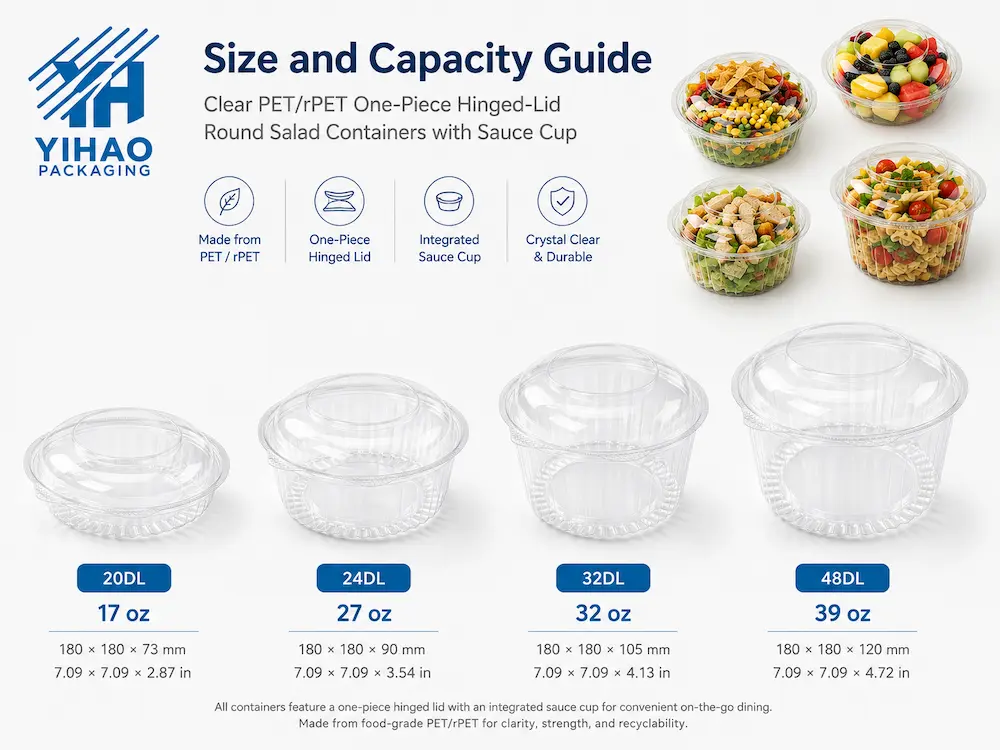 Clear Salad Bowls vs Alternative Packaging: A Buyer’s Guide for Chilled Salad Packaging 3 Size and capacity guide for clear PET and rPET salad bowls with sauce cup
