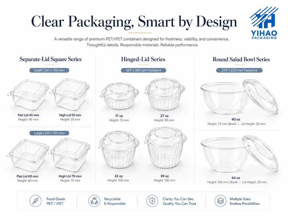 Clear PET and rPET salad container series including square separate-lid containers hinged containers and round salad bowls