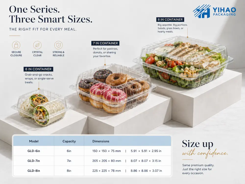 Clear PET square clamshell container series in three smart sizes for salads, snacks, bakery items, and chilled food packaging