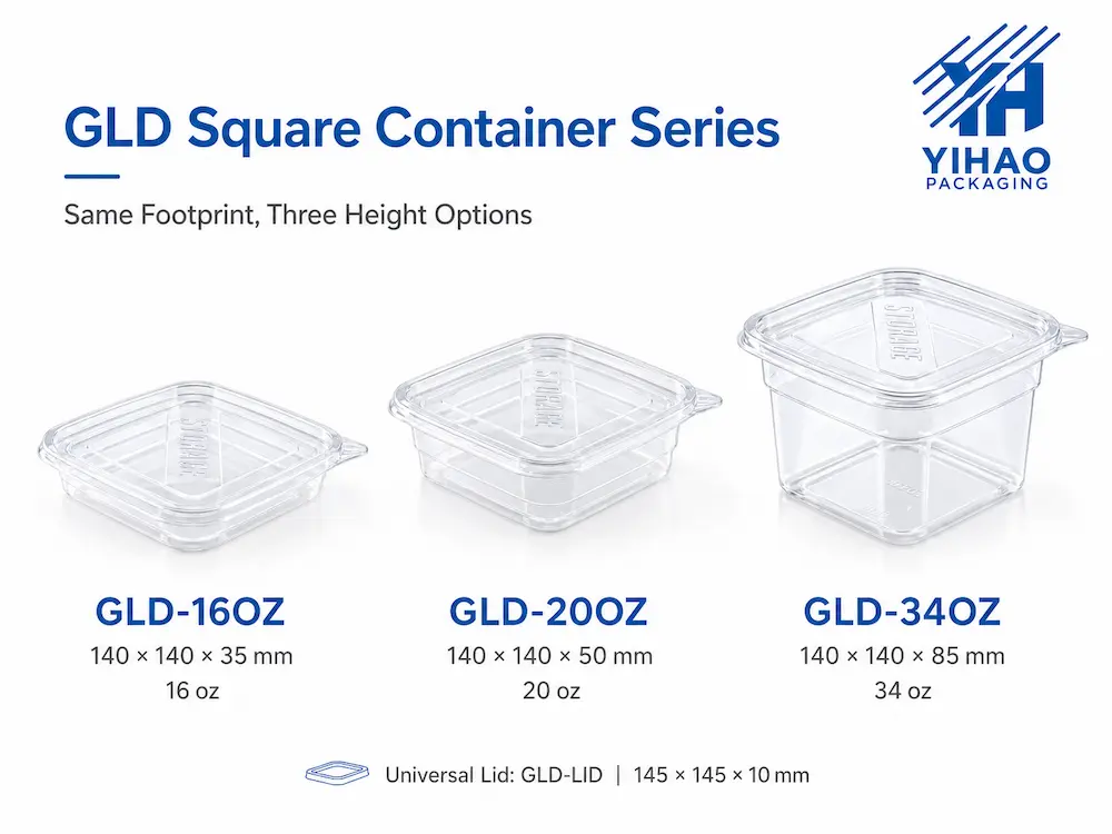 Clear PET square food container series with three height options and universal lid