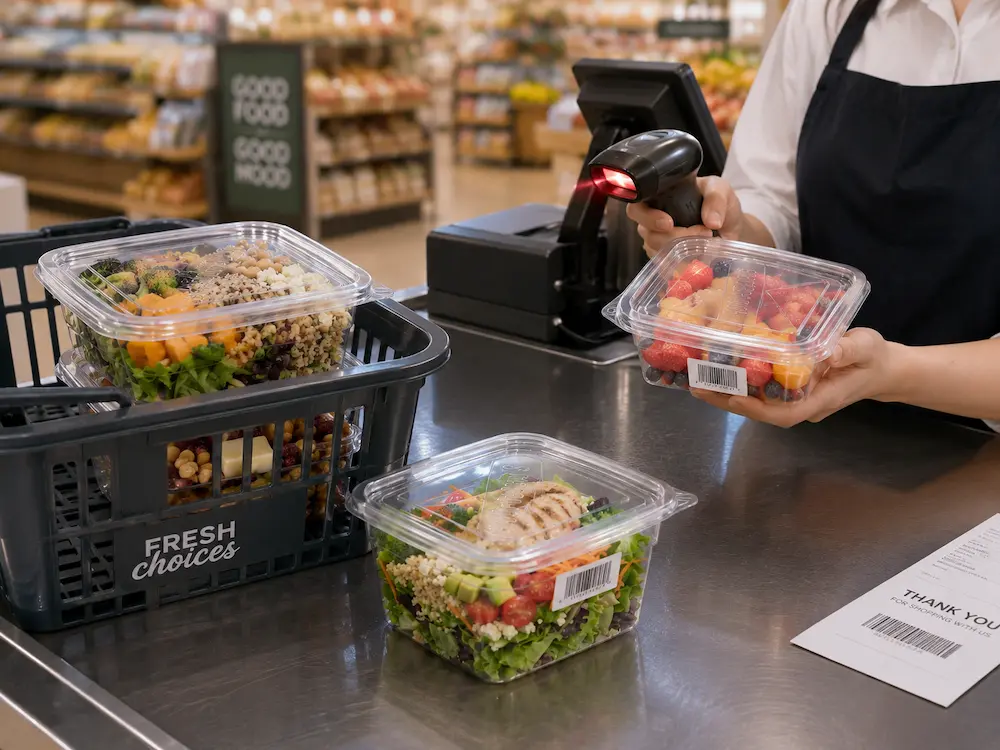 Clear PET square food containers at checkout for chilled fruit and salad retail sales