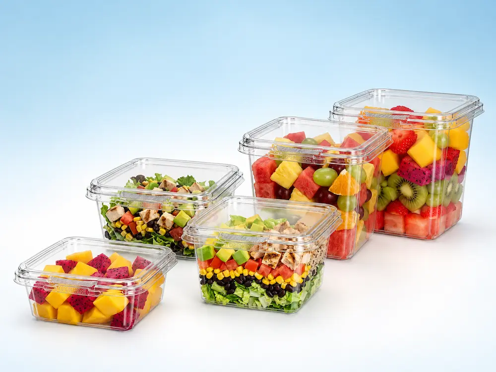 Clear PET square deli container series with flat lids for fruit salad, chicken salad, grain bowls, and fresh takeaway food packaging