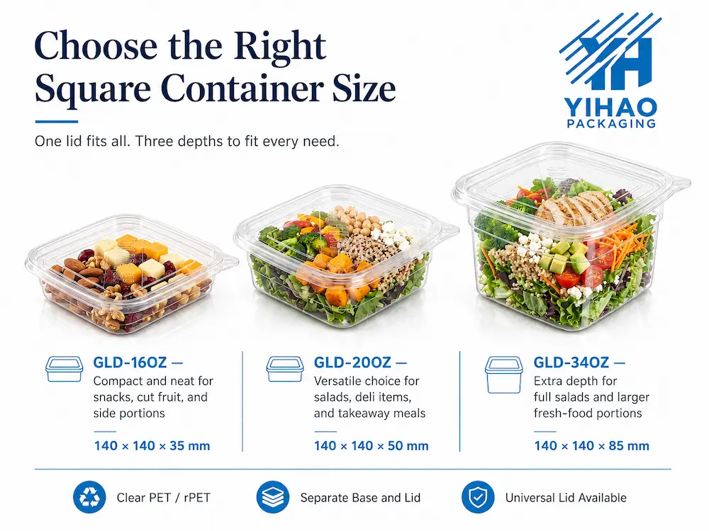 Best Anti Fog Fruit Containers for Retail Display, Takeaway, and Chilled Food 3 Clear PET square fruit containers in three depths for chilled fruit, salad, and takeaway food display