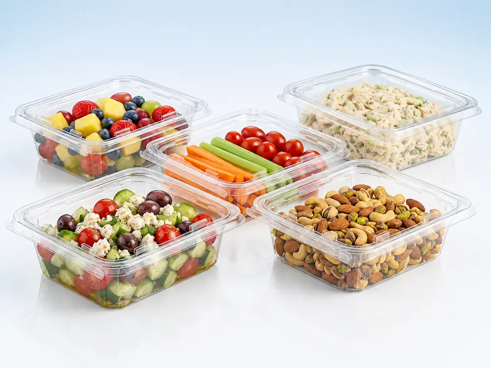 Clear PET tamper-evident containers for salad, fruit, vegetables, nuts, and prepared deli foods