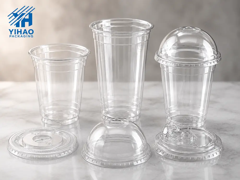 Wholesale PP Bubble Tea Cups: Manufacturer and Supplier Checklist 4 Clear PP bubble tea cups and matching flat dome and sip-through lids