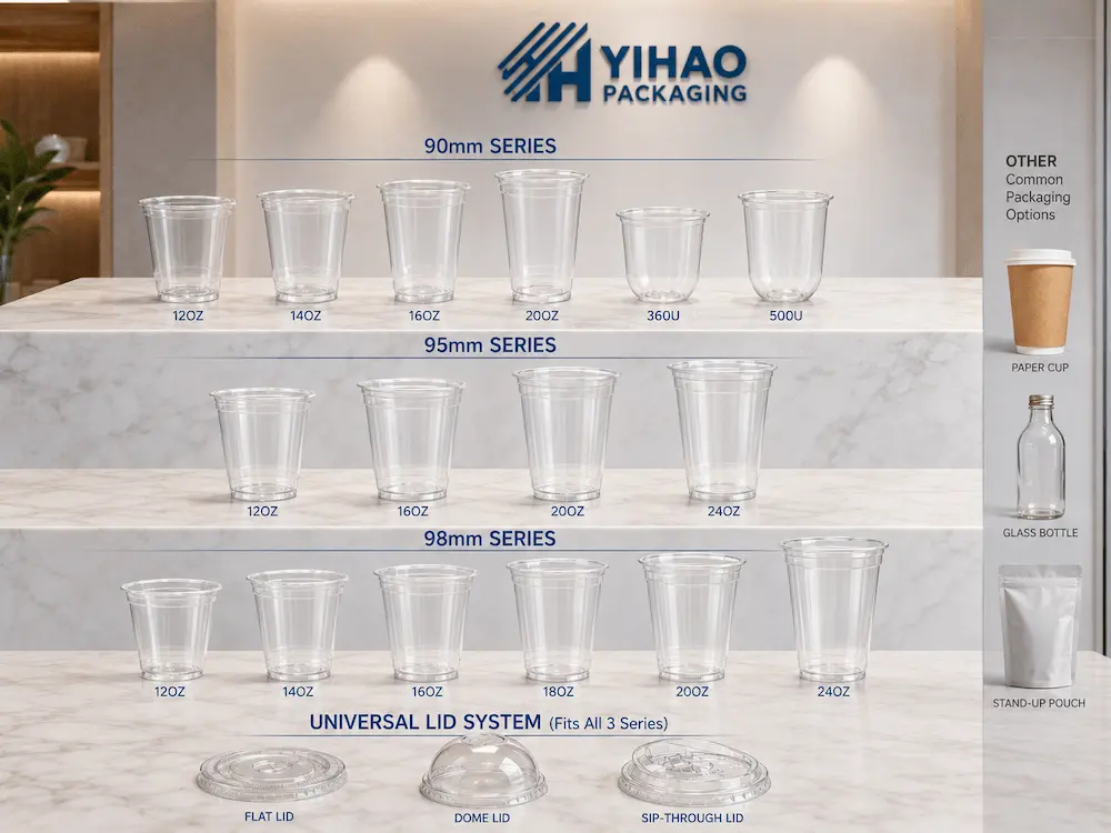 Wholesale PP Bubble Tea Cups: Manufacturer and Supplier Checklist 2 Clear PP cold cup series with flat dome and sip-through lids