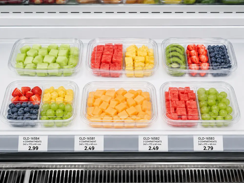 Clear produce containers displayed in a refrigerated supermarket fruit case