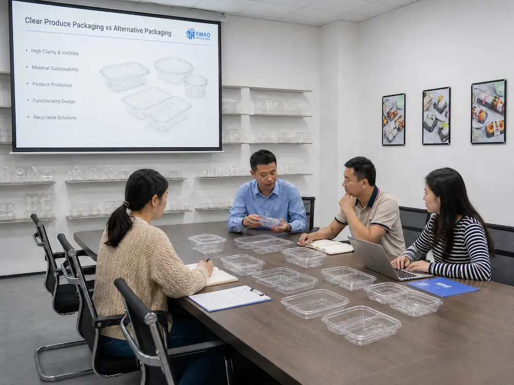 Packaging supplier meeting reviewing clear PET produce container samples