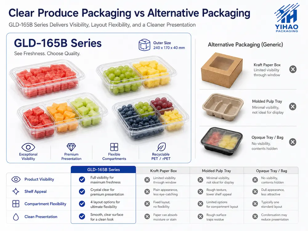 Clear Produce Packaging vs Alternative Packaging: How Buyers Should Choose 4 Clear produce packaging compared with paper, molded pulp, and opaque tray alternatives