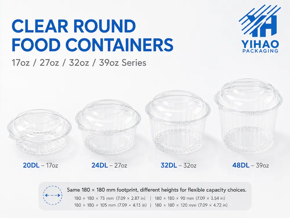 Clear Round Food Containers vs Alternative Packaging: How Buyers Should Choose 1 Clear round food containers PET size series with transparent round deli bowls and lids