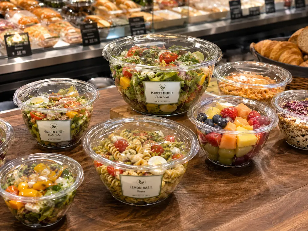 Clear round PET containers displaying salads, pasta bowls, fruit cups, and deli foods on a retail counter