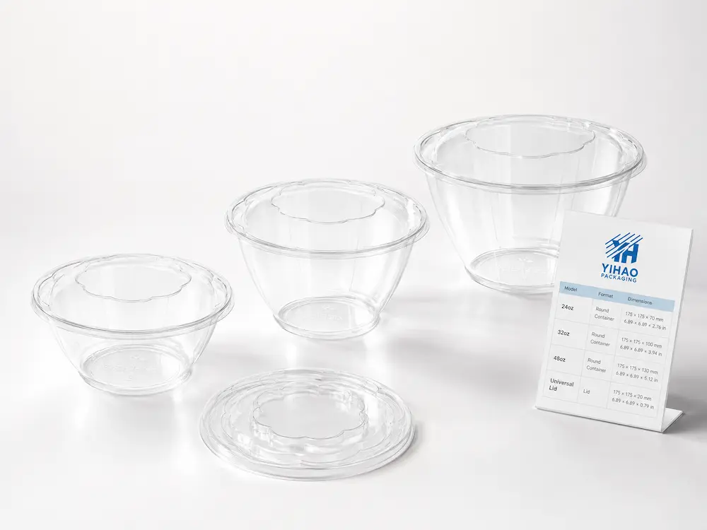 Clear round PET deli container size range with universal lid and YIHAO specification card