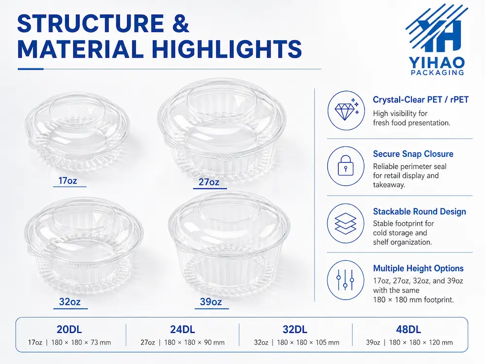 Clear Round Food Containers vs Alternative Packaging: How Buyers Should Choose 2 Clear round PET deli container structure and material highlights with snap closure and stackable design