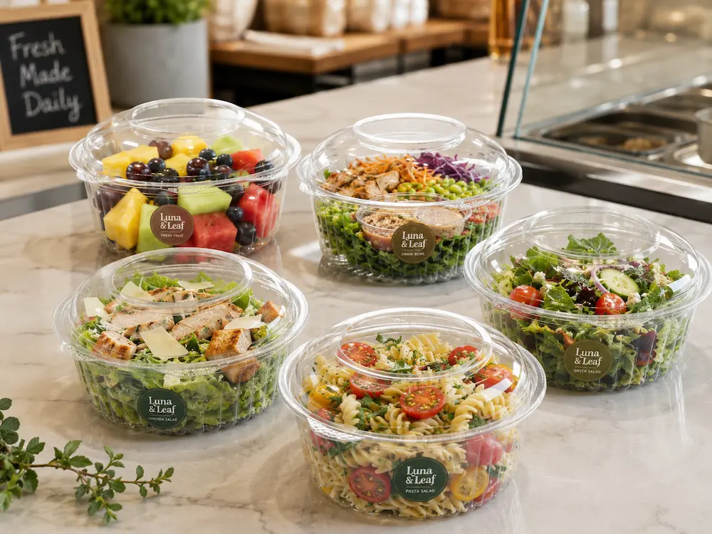 Clear Round Food Containers vs Alternative Packaging: How Buyers Should Choose 3 Filled clear round PET food containers for fruit, salad, grain bowls, and pasta salad display