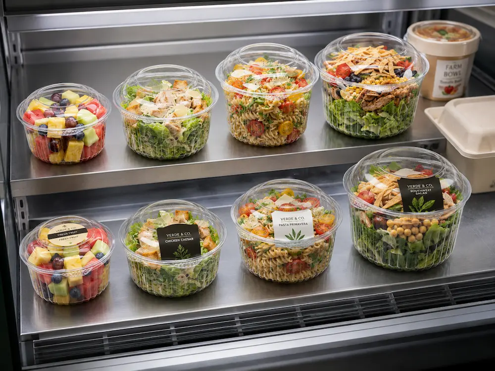 Clear Round Food Containers vs Alternative Packaging: How Buyers Should Choose 4 Clear round PET food containers displayed in a refrigerated retail case with salads and fruit