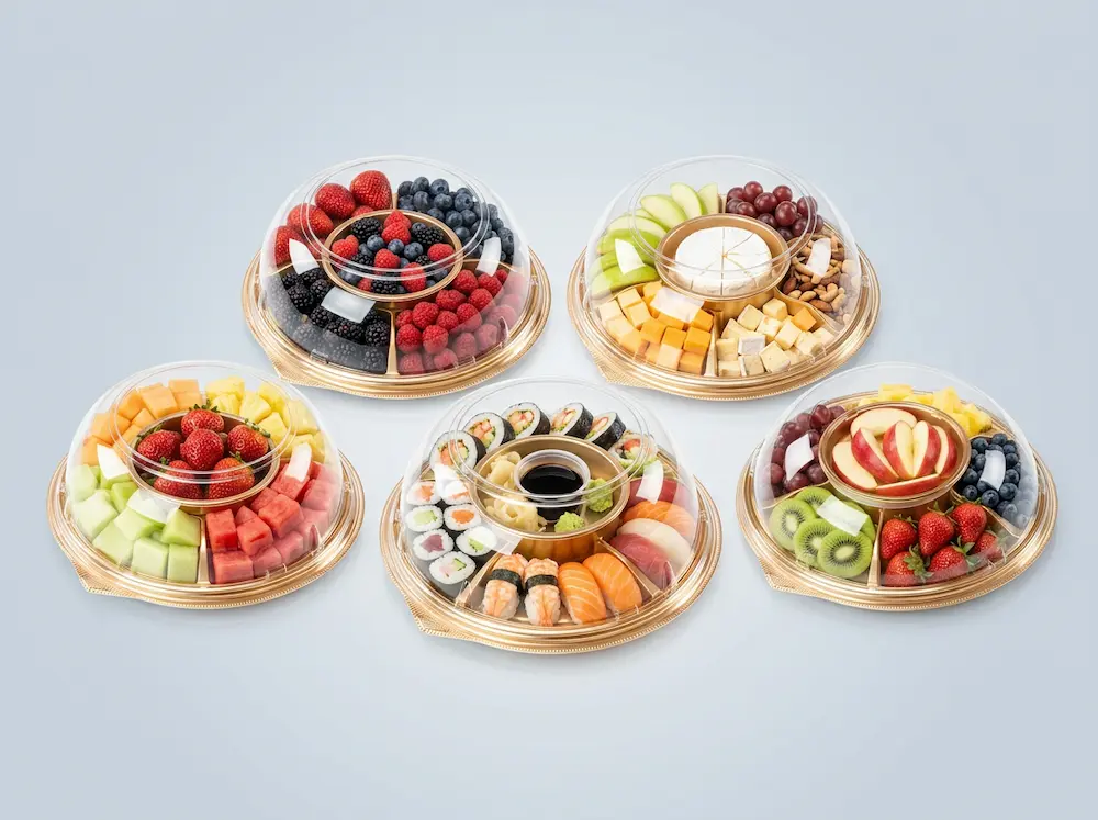 Clear round PET party platters with dome lids for fruit, cheese, sushi, berries, dips, and catering packaging