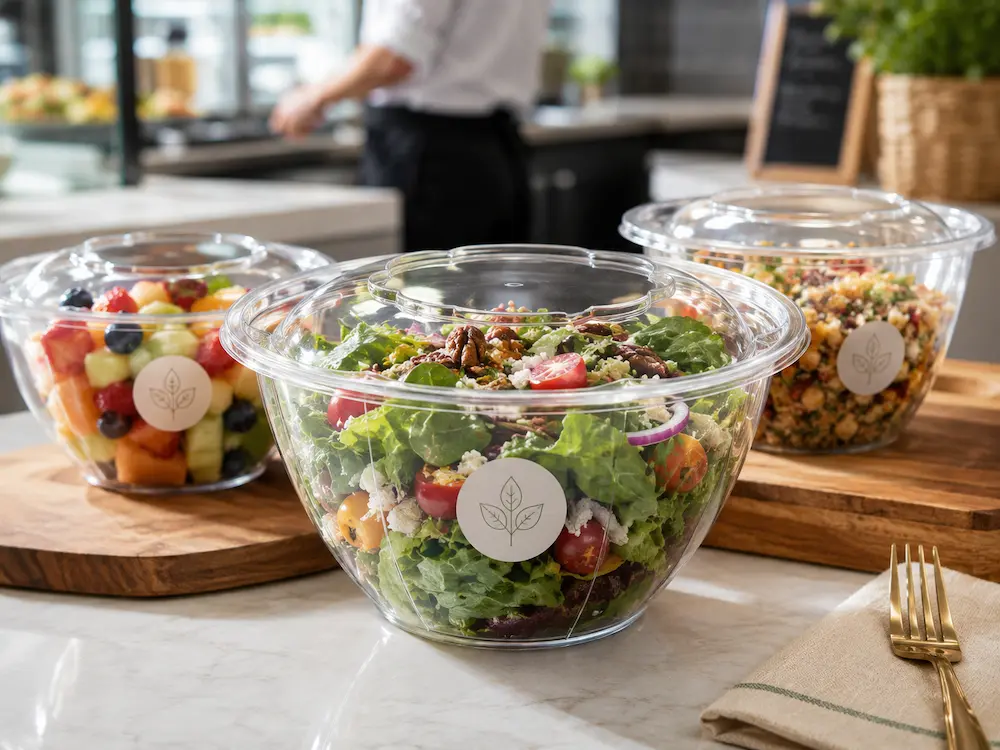 Deli Food Packaging FAQ: Materials, Sizes, Uses, and Ordering Questions 3 Clear round PET salad bowls filled with fresh salad, fruit and grain bowls on a cafe counter