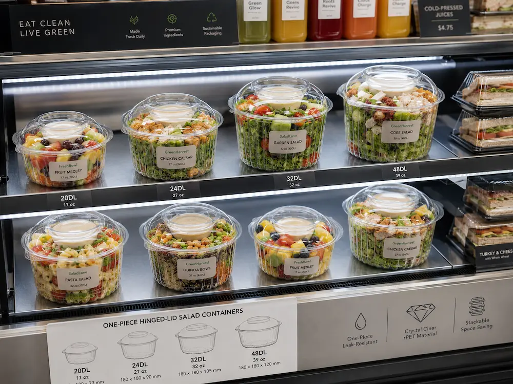 Clear salad bowls in a chilled grab-and-go retail display