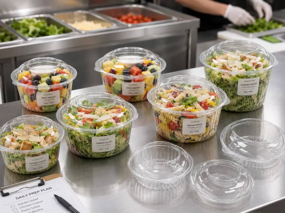 Clear Salad Bowls vs Alternative Packaging: A Buyer’s Guide for Chilled Salad Packaging 5 Clear salad bowls tested with real salads and fresh fruit in a food prep setting
