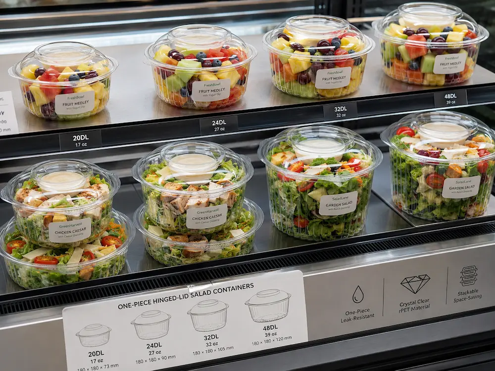 Clear Salad Bowls vs Alternative Packaging: A Buyer’s Guide for Chilled Salad Packaging 4 Clear salad bowls displayed in a refrigerated supermarket case