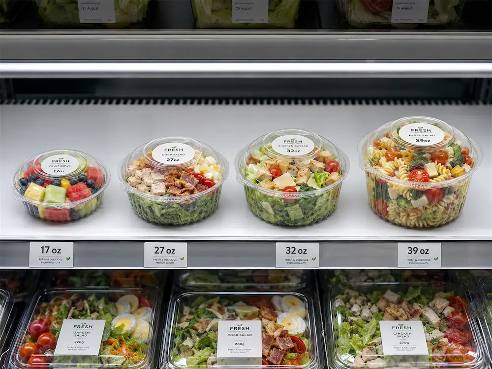 Clear salad containers for supermarket refrigerated shelf display