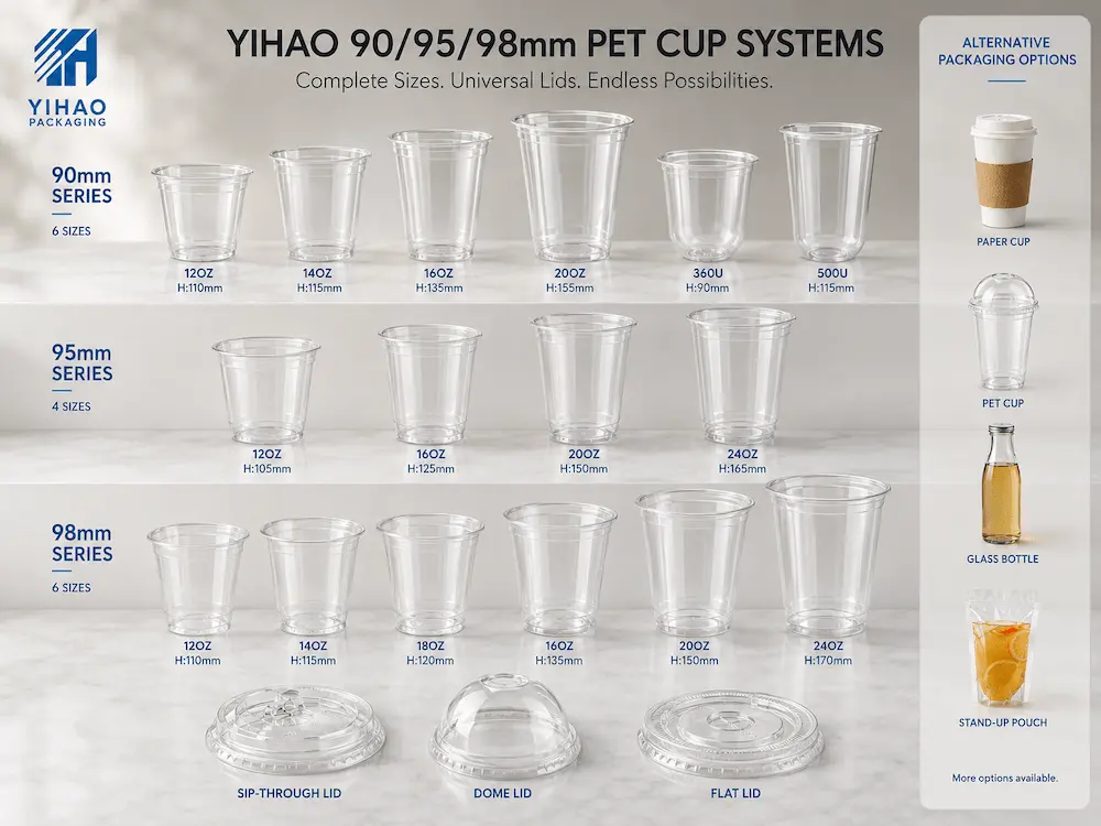 Clear smoothie cups with dome lids filled with colorful fruit smoothies for smoothie bars and juice shops