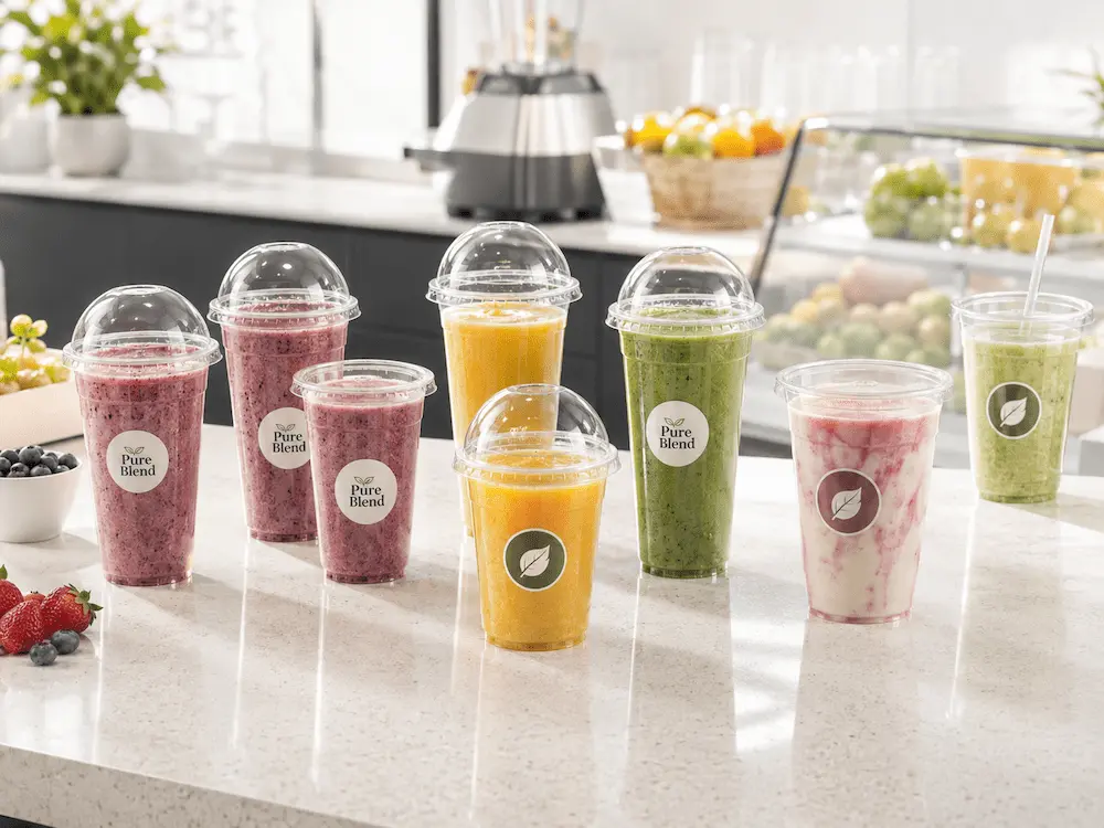 Clear smoothie cups with dome lids and flat lids for cold beverage packaging