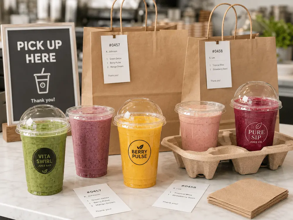 Clear smoothie cups displayed in a refrigerated retail case with size labels and colorful beverage options