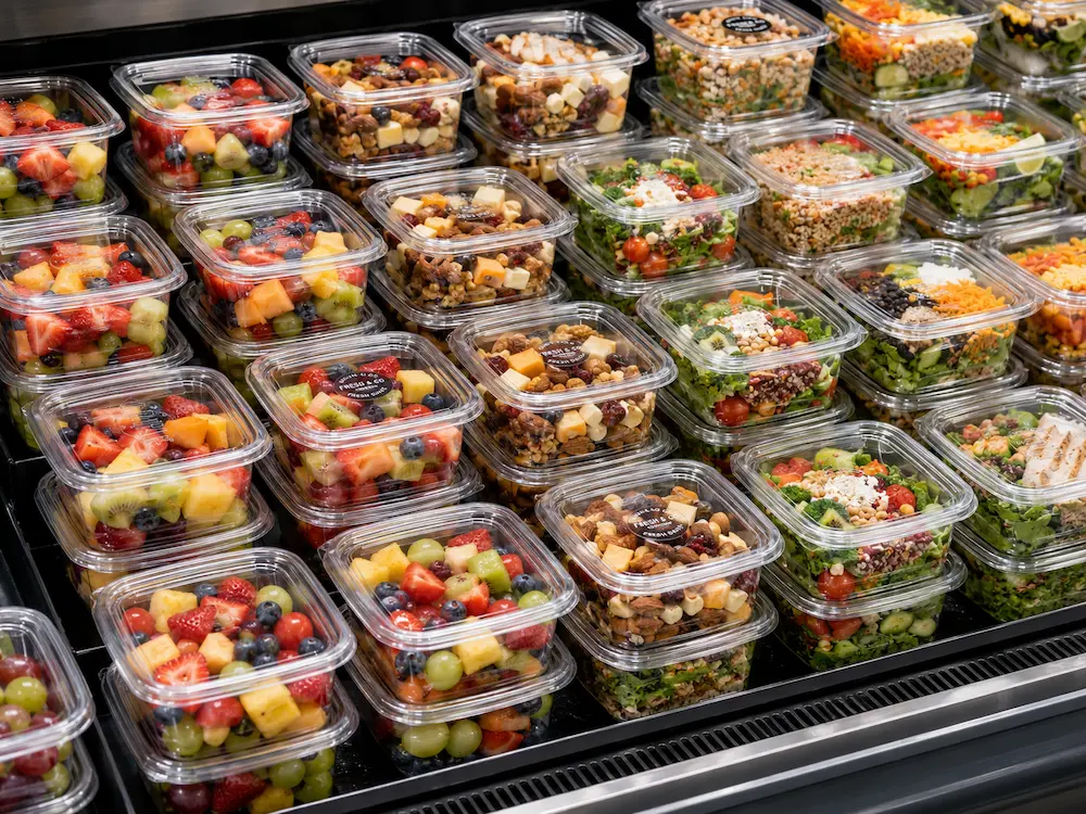Clear square food containers displayed with fruit, nuts, salads, and chilled meals