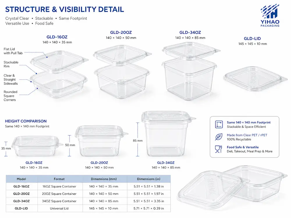 Clear square food containers structure detail with flat lid, pull tab, and stackable rim