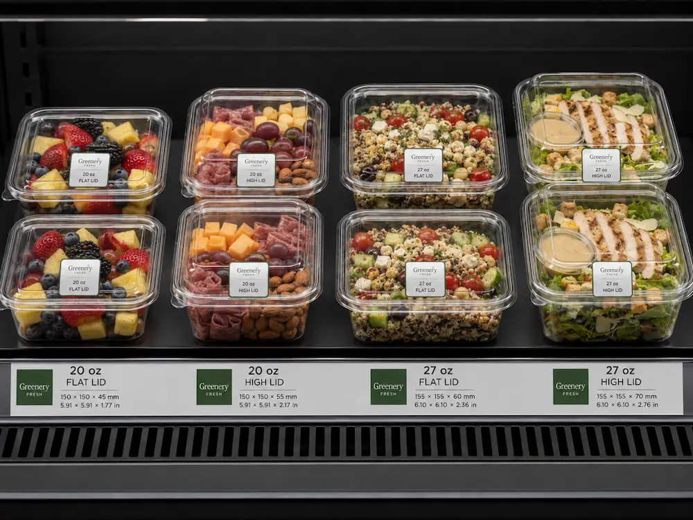 Clear square PET bowls for grab-and-go fruit salad deli meals and chilled retail display