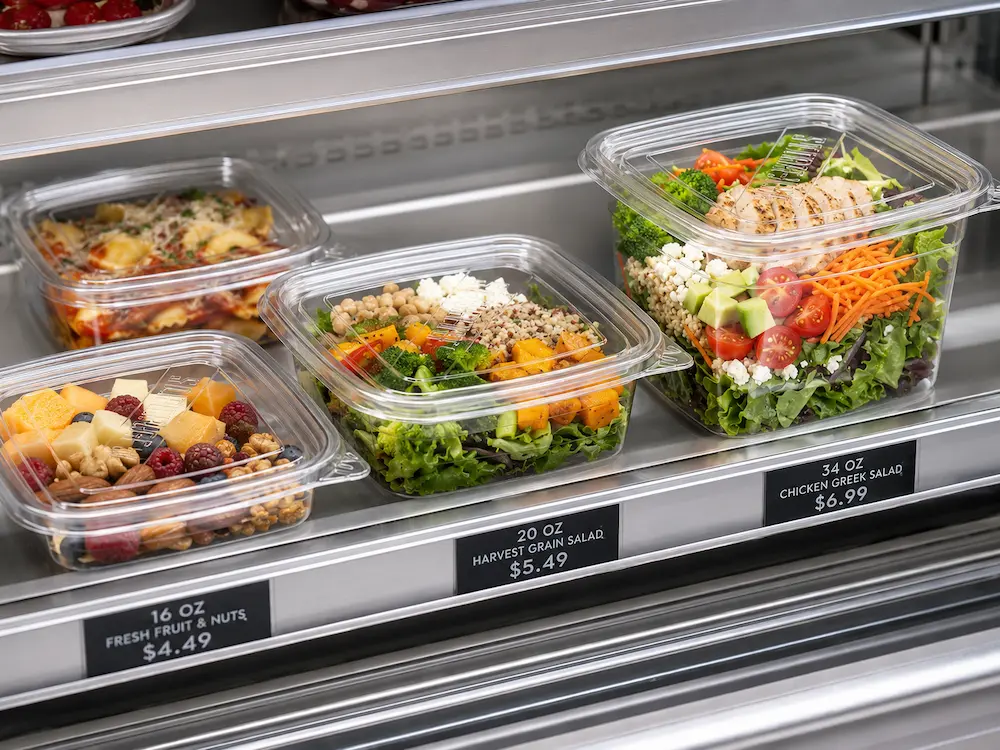 Clear square PET containers for salads fruit nuts and chilled meals