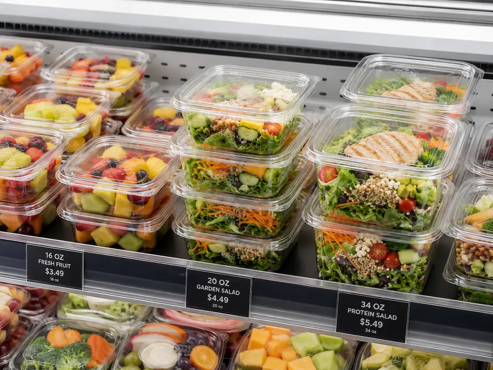 Clear square PET fruit and salad containers displayed in a refrigerated supermarket case