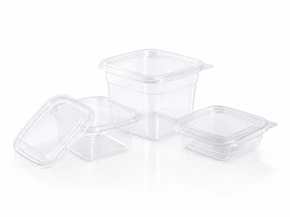 Clear square PET food containers with matching transparent lids