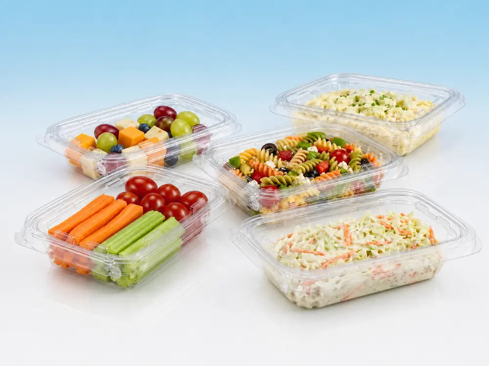 Clear tamper-evident food containers for pasta salad, coleslaw, vegetables, fruit, and deli meals
