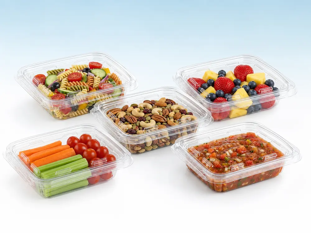 Clear tamper-evident tear-off containers for pasta, fruit, nuts, vegetables, and salsa packaging