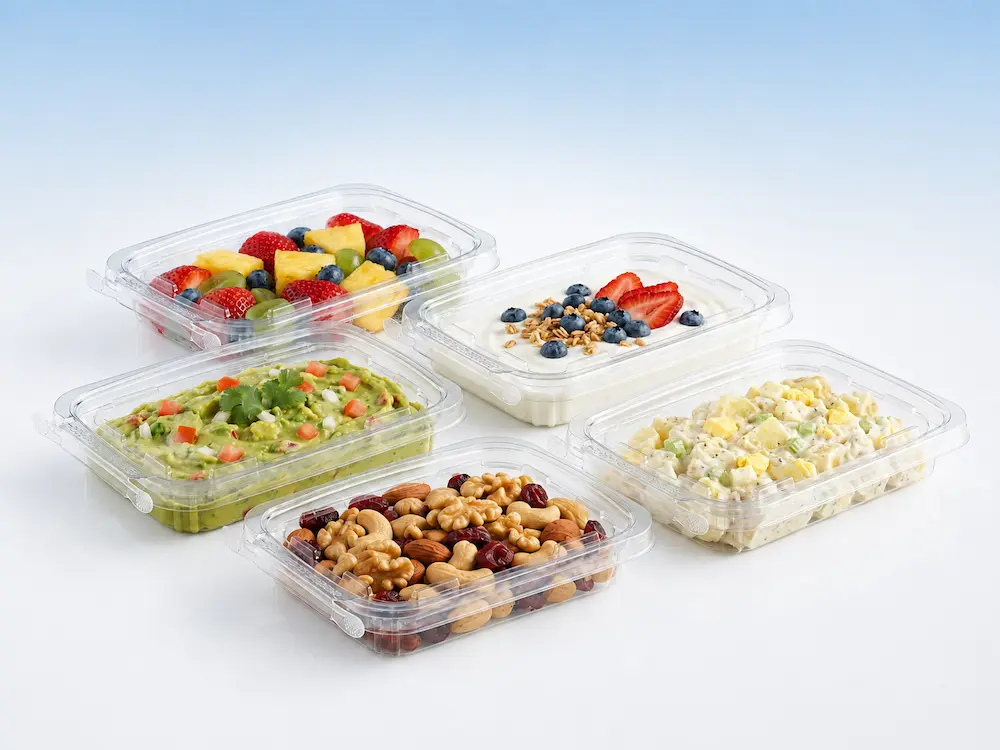 Clear tamper-evident tear-off food containers for fruit, yogurt, salad, nuts, and prepared foods