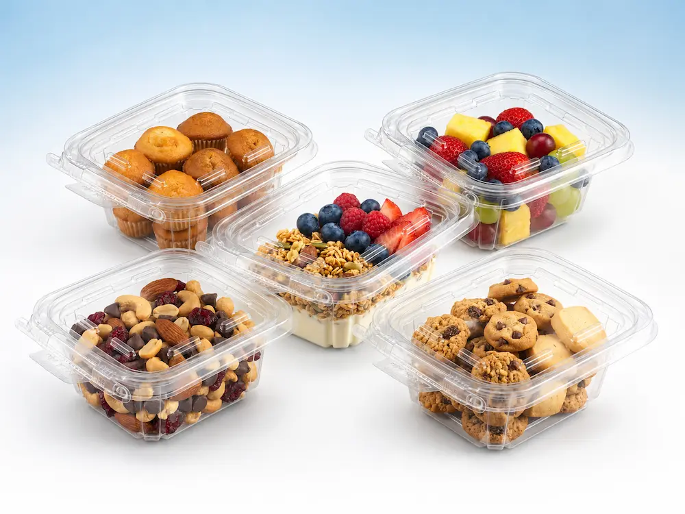 Clear tamper-evident tear-strip containers for bakery, fruit, yogurt, nuts, and cookies