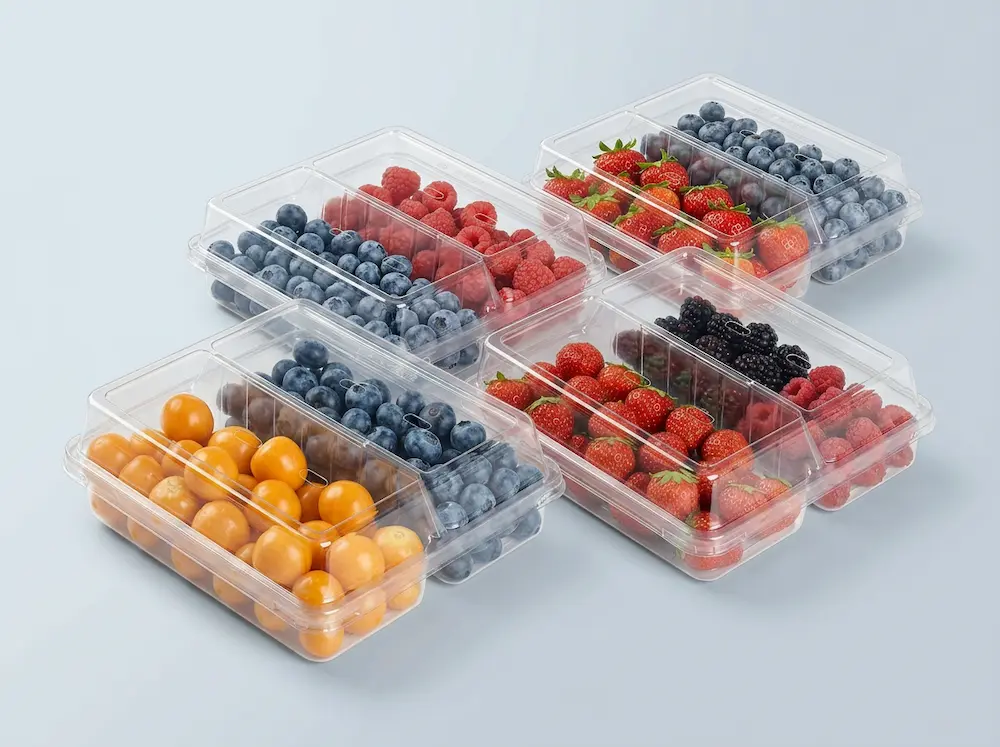 Clear two compartment PET fruit containers for berries, strawberries, blueberries, raspberries, and fresh produce packaging
