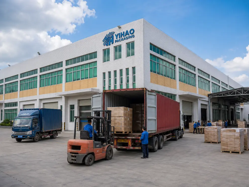 Best Cold Cup Supplier for Retail Display, Takeaway, and Chilled Food 7 Cold cup factory export loading scene with cartons, pallets, forklift, and container shipment preparation.