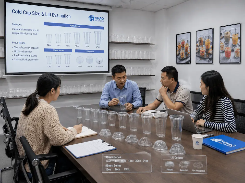 Cold cup size and lid compatibility evaluation meeting with PET cup samples
