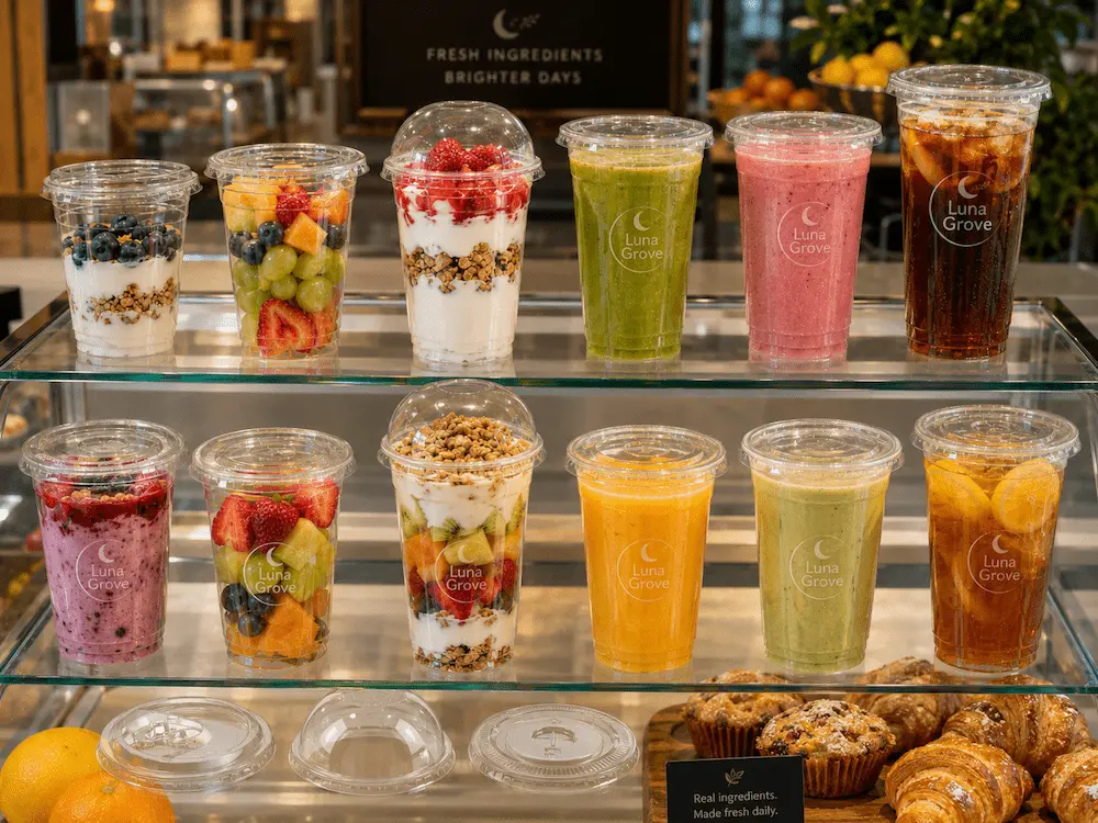 Cold cups with flat lids and dome lids for smoothies, parfaits, fruit cups, iced tea, and cold beverages