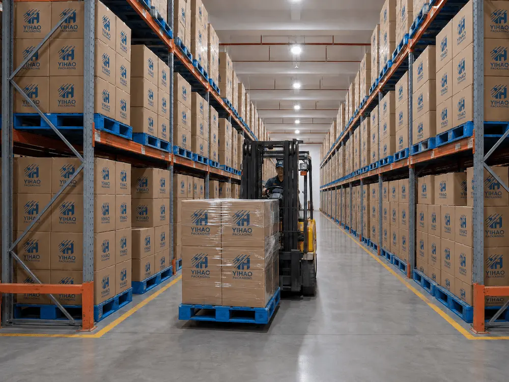 Wholesale PET Cup Lid System: Manufacturer and Supplier Checklist 7 Warehouse inventory of YIHAO packaging cartons showing bulk PET cup and lid storage for wholesale supply