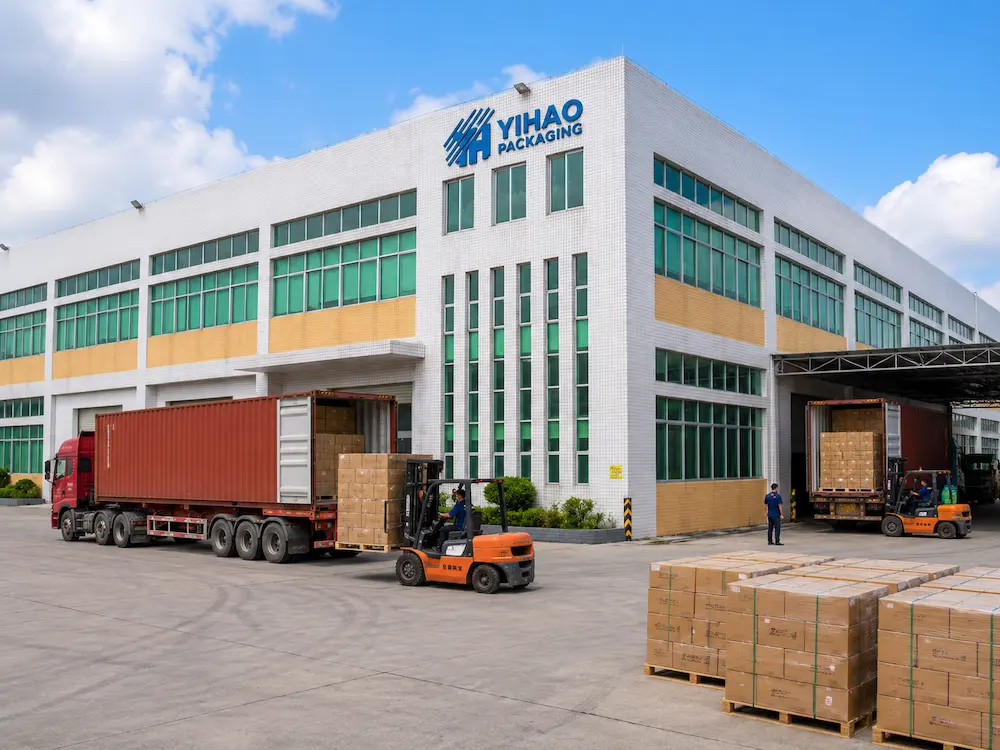 Wholesale Cold Cup Manufacturer Guide for Beverage Chains 6 YIHAO cold cup manufacturer factory exterior with export cartons, pallets, forklifts, and container loading