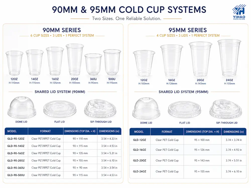Wholesale Cold Cups: Buyer Guide for Food Packaging Teams 3 Cold cup rim size comparison chart showing cup sizes, lid options and shared lid systems
