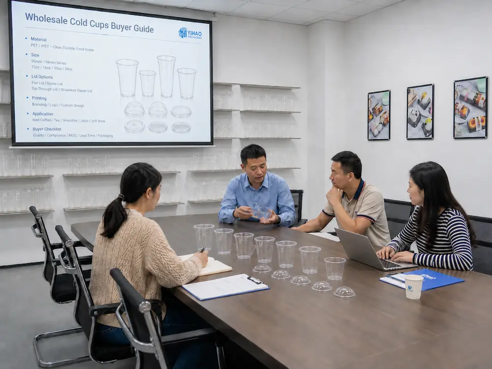 Wholesale Cold Cups: Buyer Guide for Food Packaging Teams 6 Food packaging buyers reviewing clear cold cup samples and matching lids during a supplier meeting
