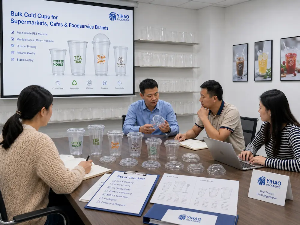 Cold cup supplier consultation with clear cups, lids, buyer checklist, and product samples