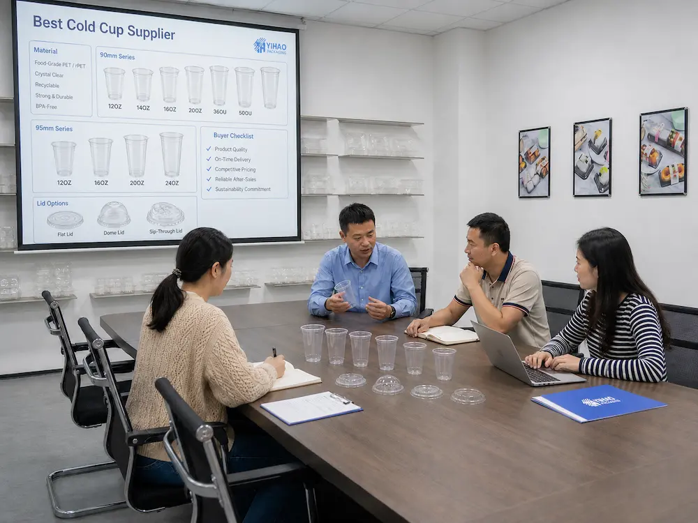 Best Cold Cup Supplier for Retail Display, Takeaway, and Chilled Food 2 Cold cup supplier consultation with buyers reviewing clear cup samples, lid options, and packaging specifications.